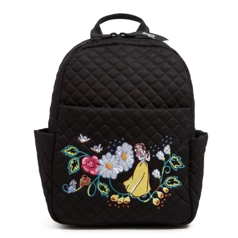 Vera Bradley Black Quilted Backpack with Snow White Floral Embroidery